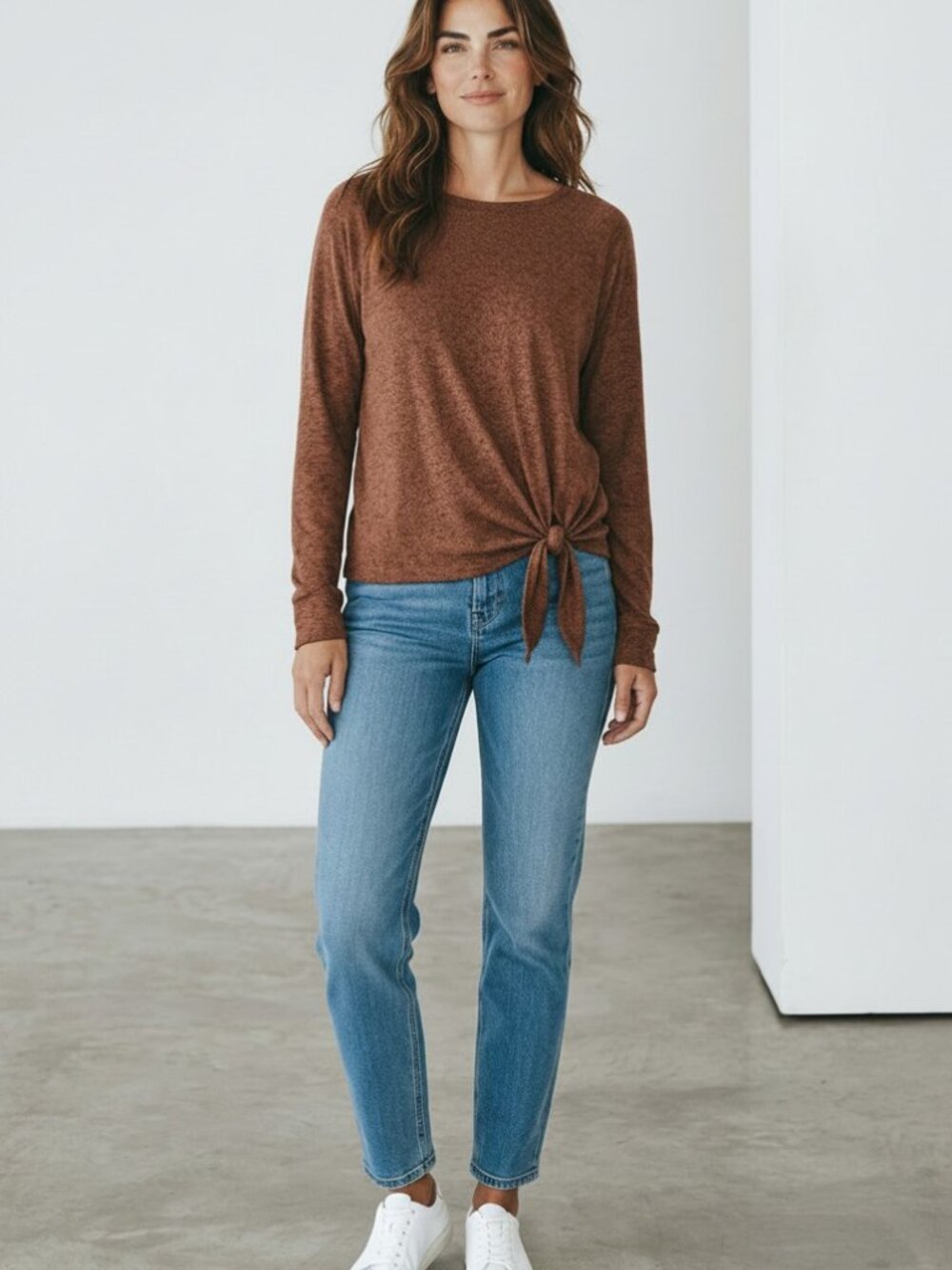 nine britton Rust Brown Tie-Front Long Sleeve Knit Top